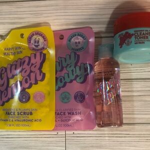 Sheer Melon Cleansing Toner Pads, Cherry Sparkle Toner, Face Scrub, & Face Mask.